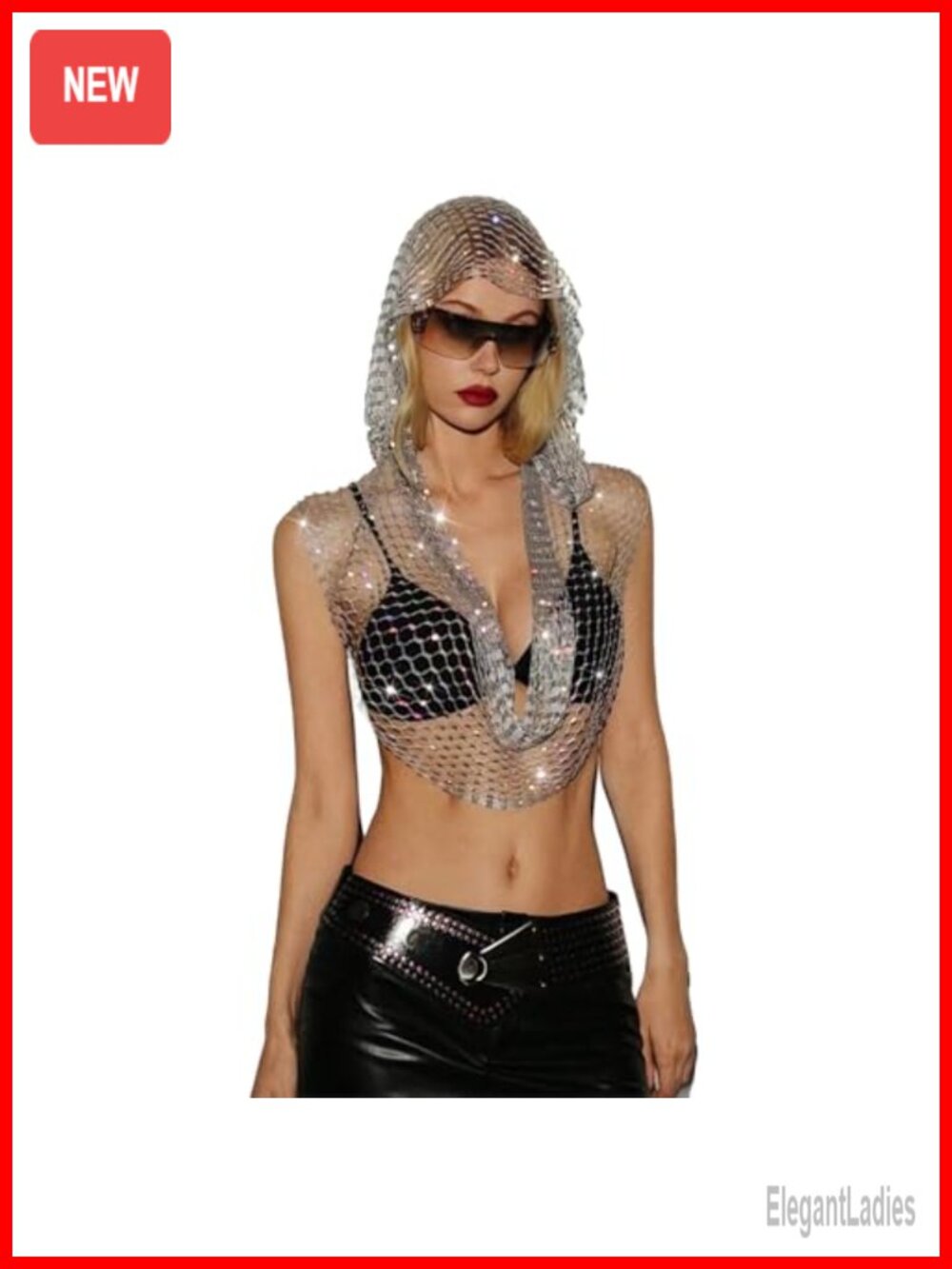 Rhinestone Mesh Hooded Crop Top Women's Festival Rave Clubwear